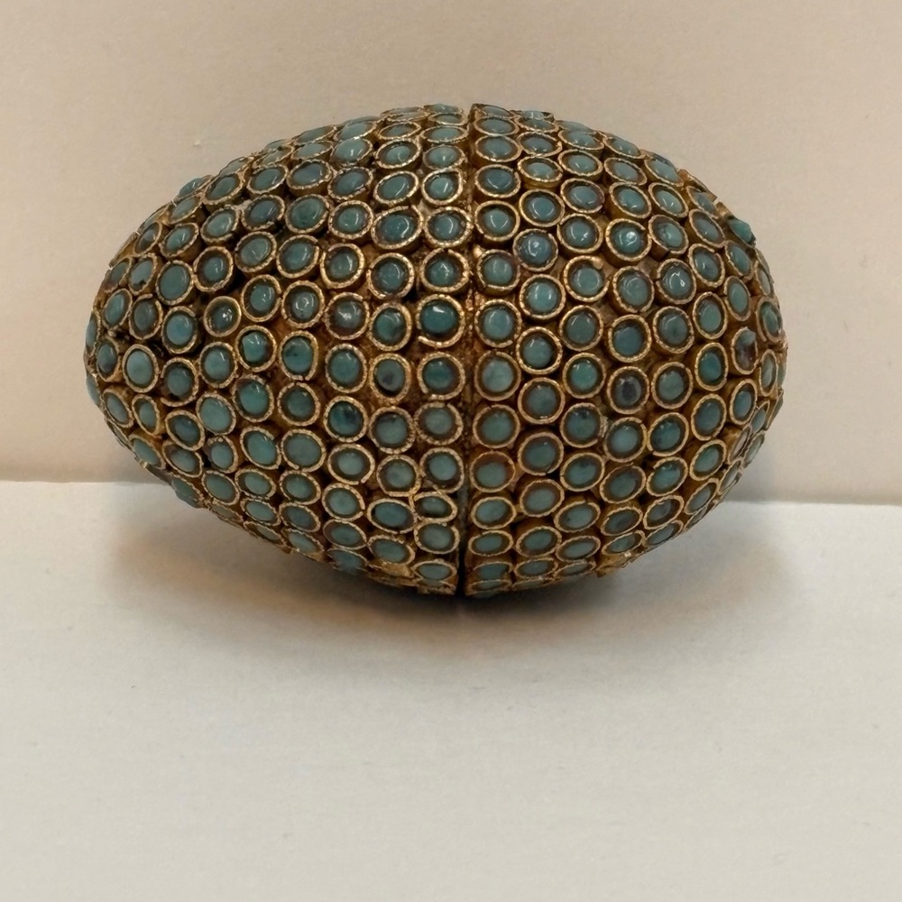 Vintage Tibetan/Nepalese Brass Egg Box – Turquoise Inlay, Handmade – 2.5”